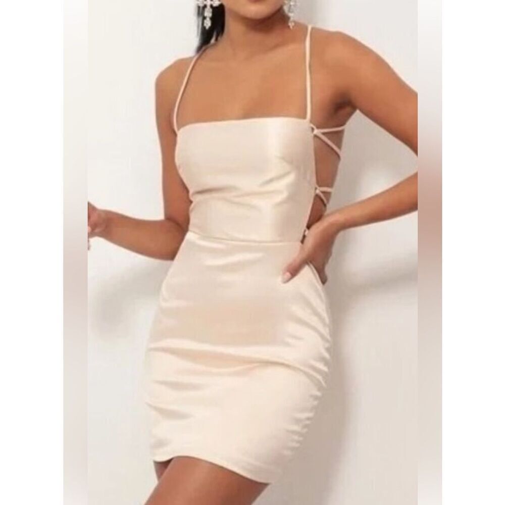 Lucy in the Sky Satin Lace-up Dress Champagne Cream Mini Cocktail SZ XS